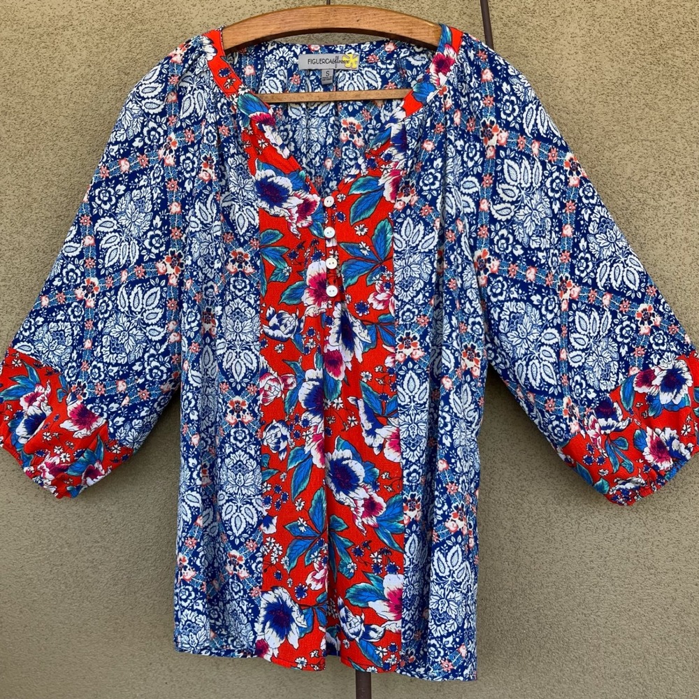 Figueroa & Flower Blouse Floral Print Red Blue Button 3/4 Sleeve Boho Top Size S